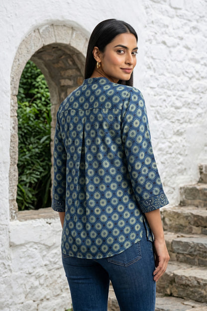 Blue Ajrak Printed Modal Satin A-line Top
