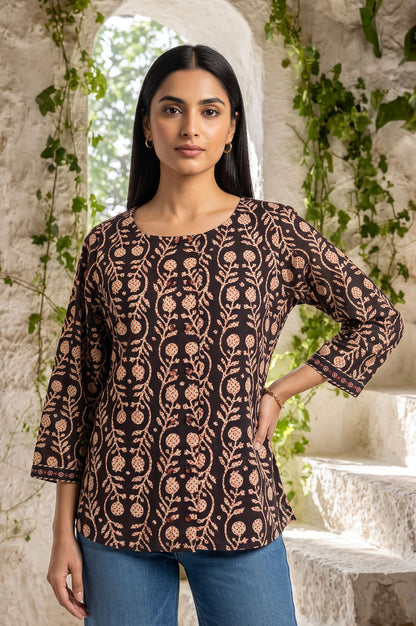 Black Block Printed Pure Cotton Top