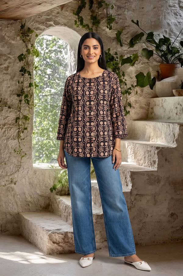 Black Block Printed Pure Cotton Top