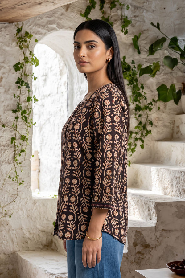 Black Block Printed Pure Cotton Top