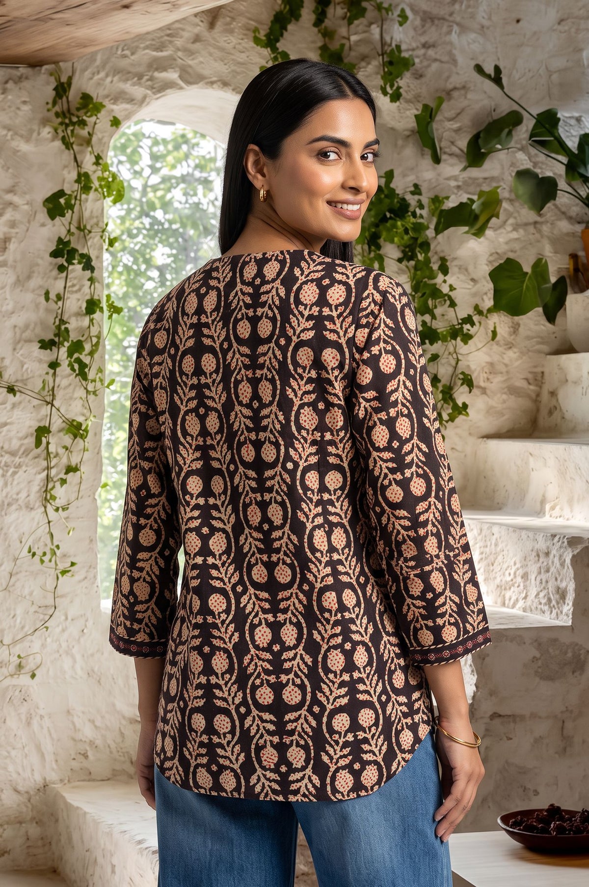 Black Block Printed Pure Cotton Top