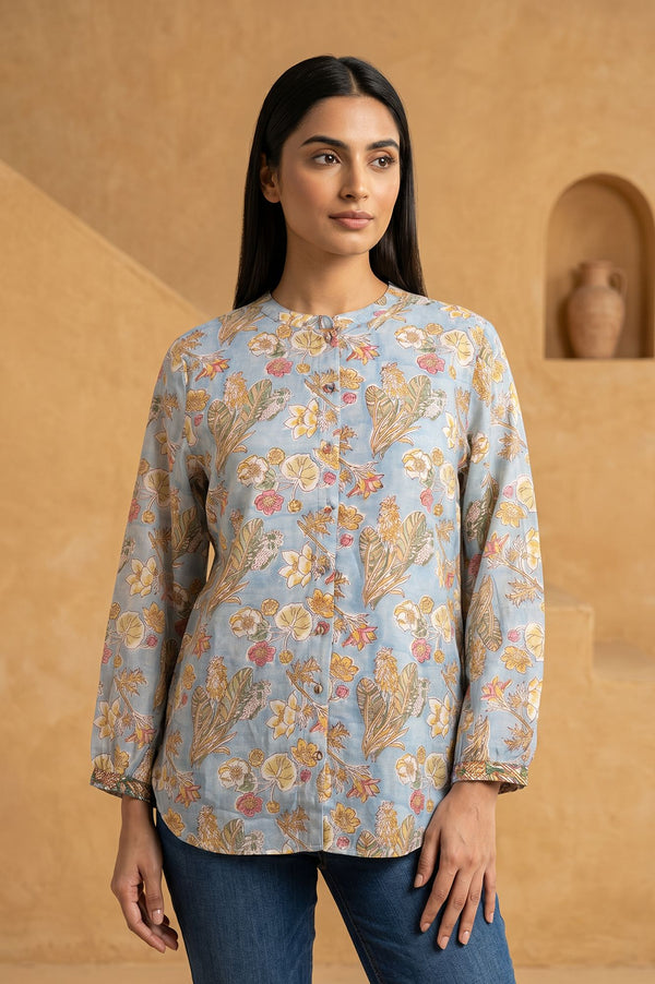 Light Blue Block Printed Beadwork Cotton Silk Straight Top