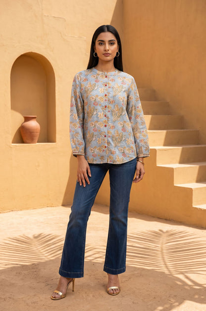 Light Blue Block Printed Beadwork Cotton Silk Straight Top