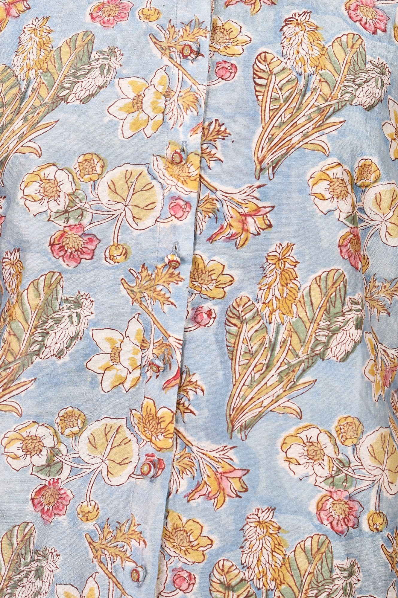 Light Blue Block Printed Beadwork Cotton Silk Straight Top