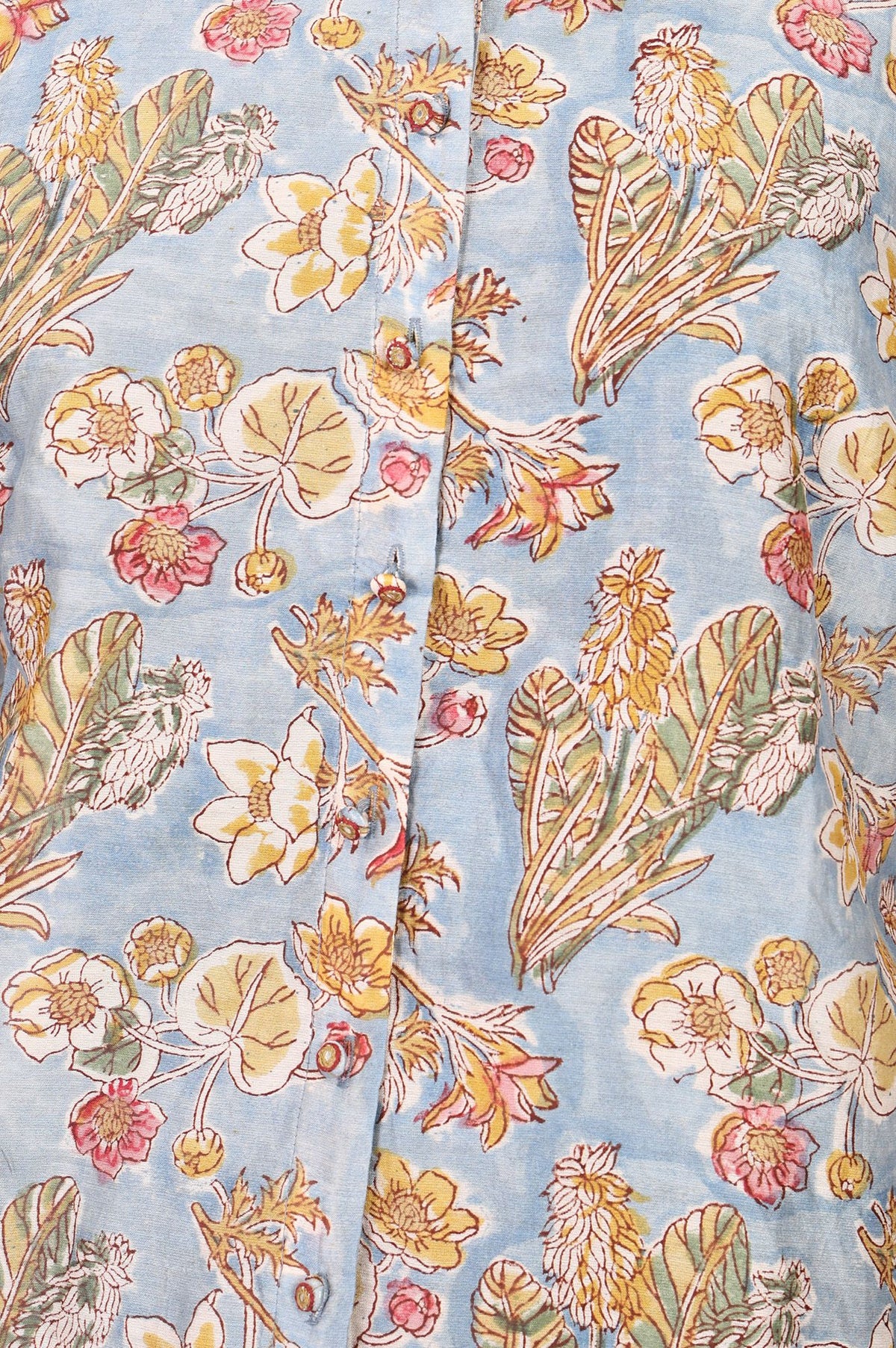 Light Blue Block Printed Beadwork Cotton Silk Straight Top