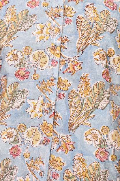 Light Blue Block Printed Beadwork Cotton Silk Straight Top