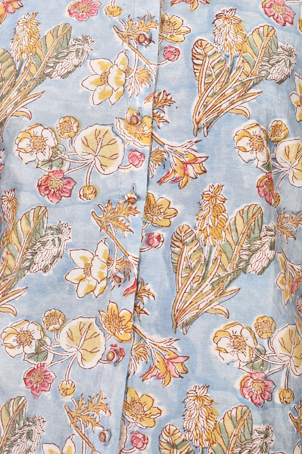 Light Blue Block Printed Beadwork Cotton Silk Straight Top