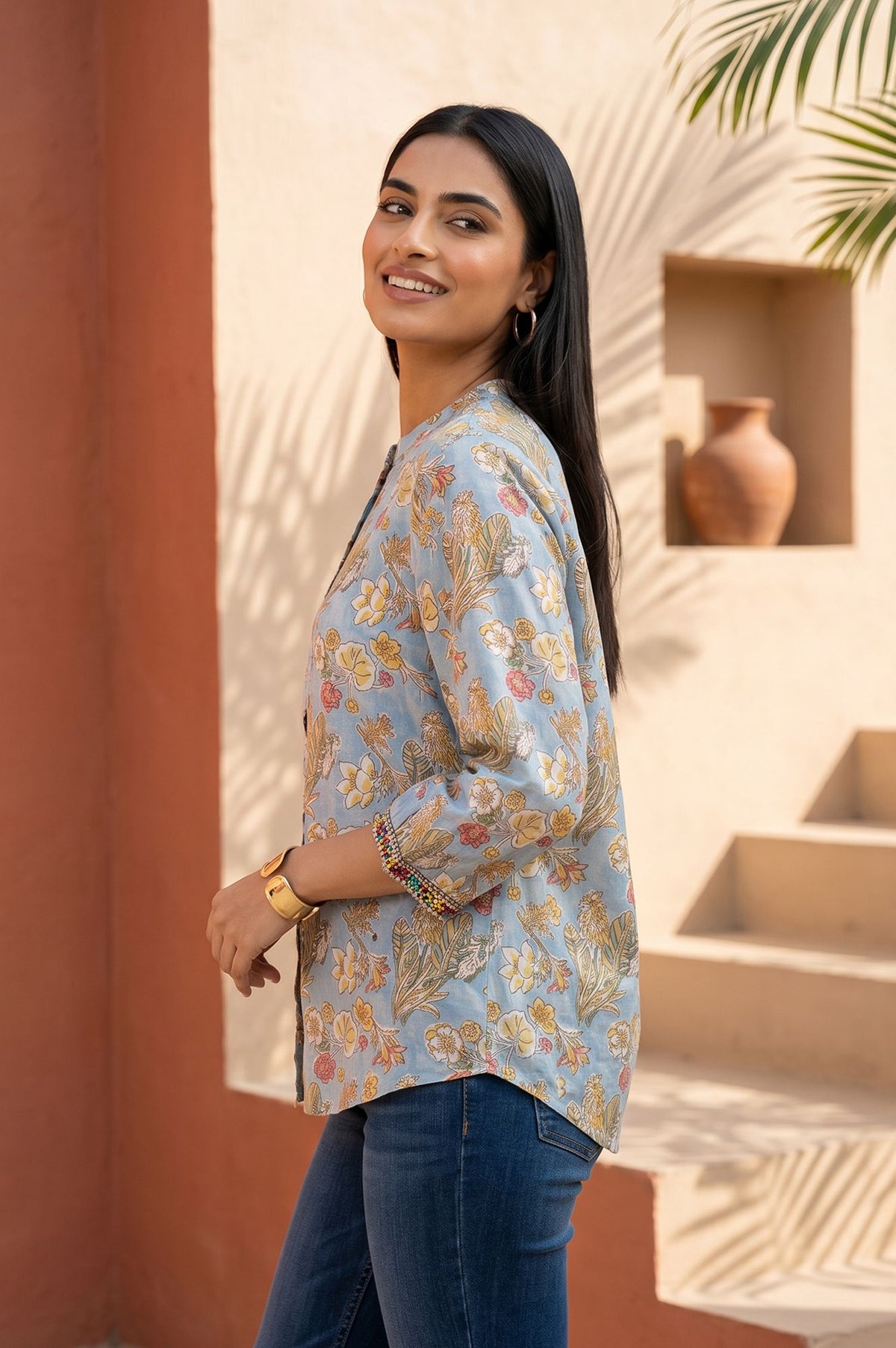 Light Blue Block Printed Beadwork Cotton Silk Straight Top