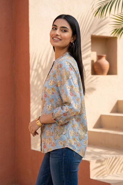 Light Blue Block Printed Beadwork Cotton Silk Straight Top