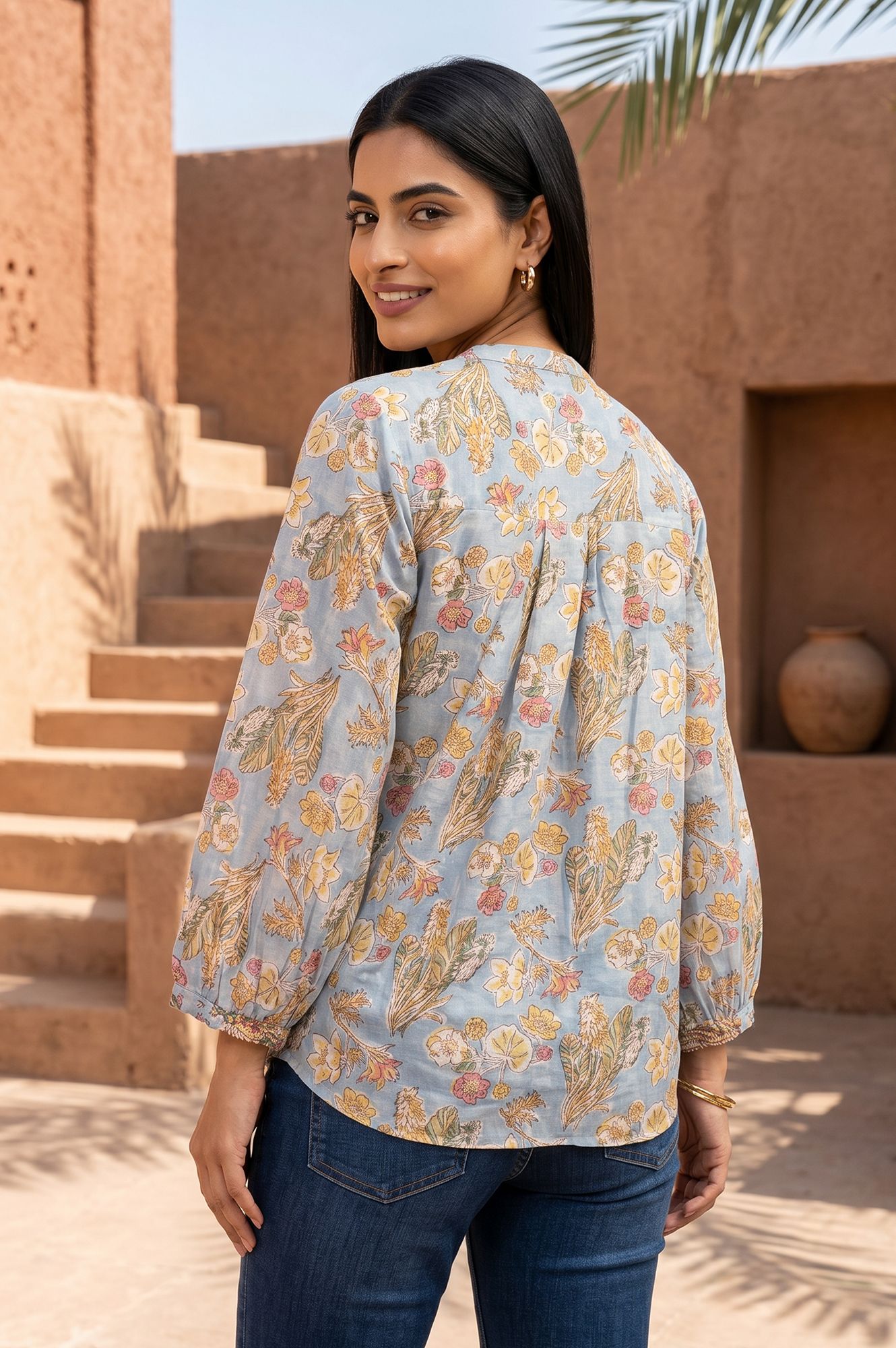 Light Blue Block Printed Beadwork Cotton Silk Straight Top