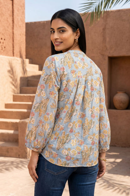 Light Blue Block Printed Beadwork Cotton Silk Straight Top
