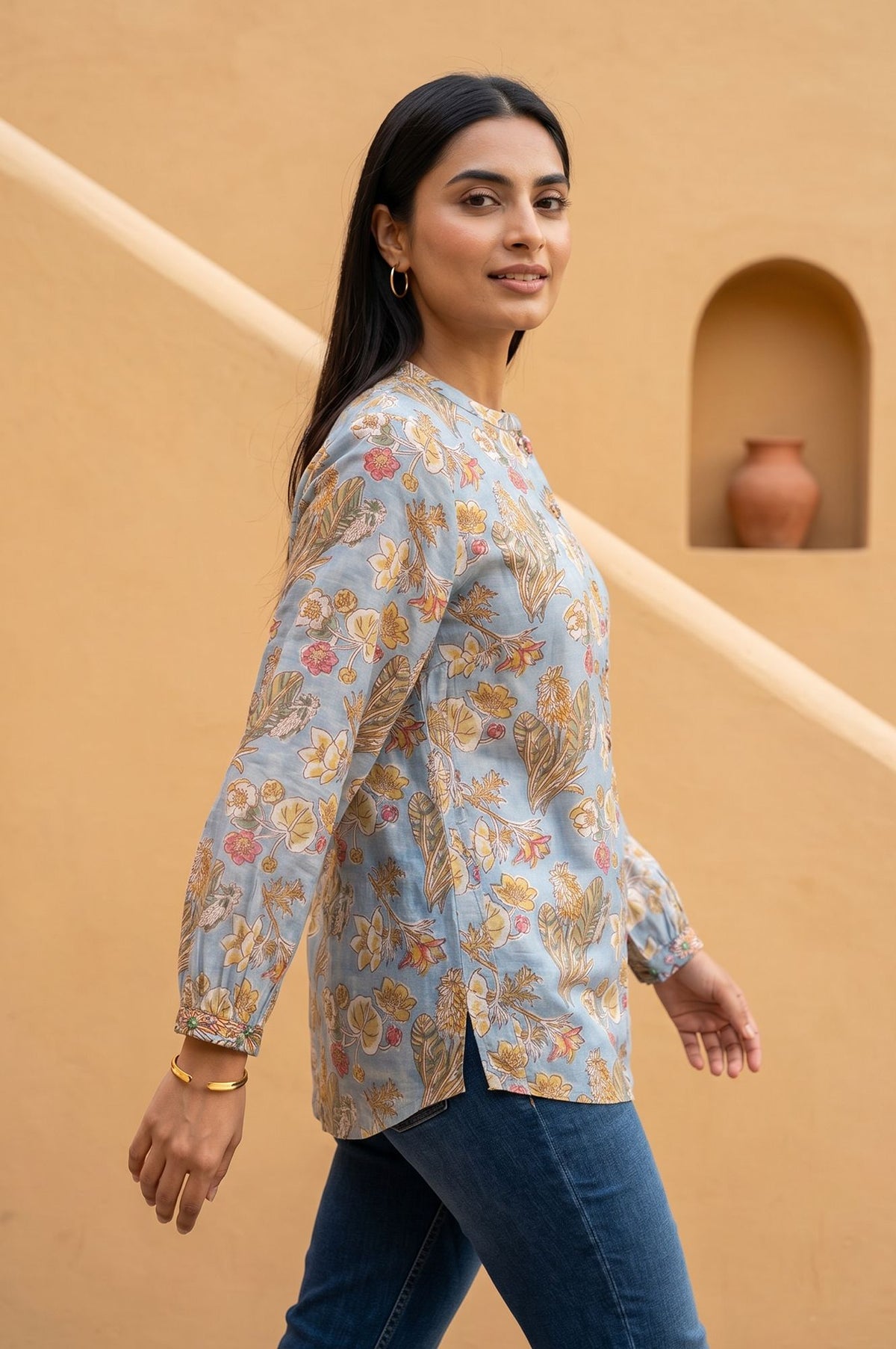 Light Blue Block Printed Beadwork Cotton Silk Straight Top