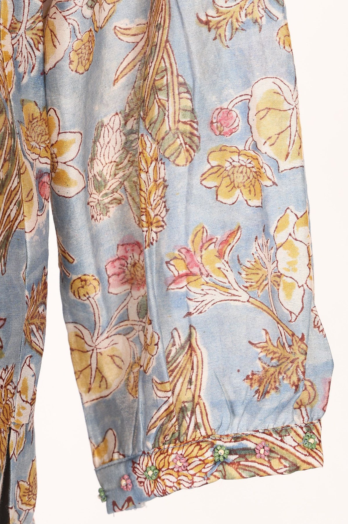 Light Blue Block Printed Beadwork Cotton Silk Straight Top