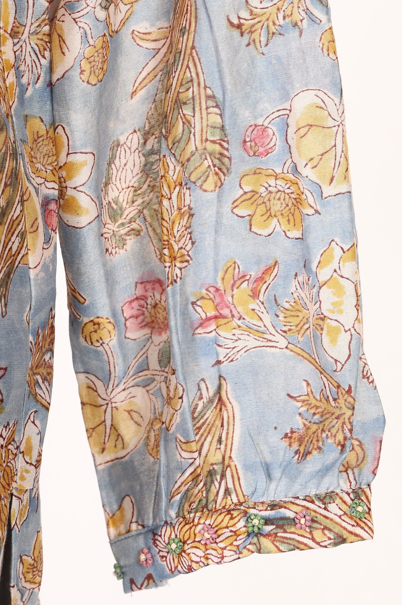 Light Blue Block Printed Beadwork Cotton Silk Straight Top