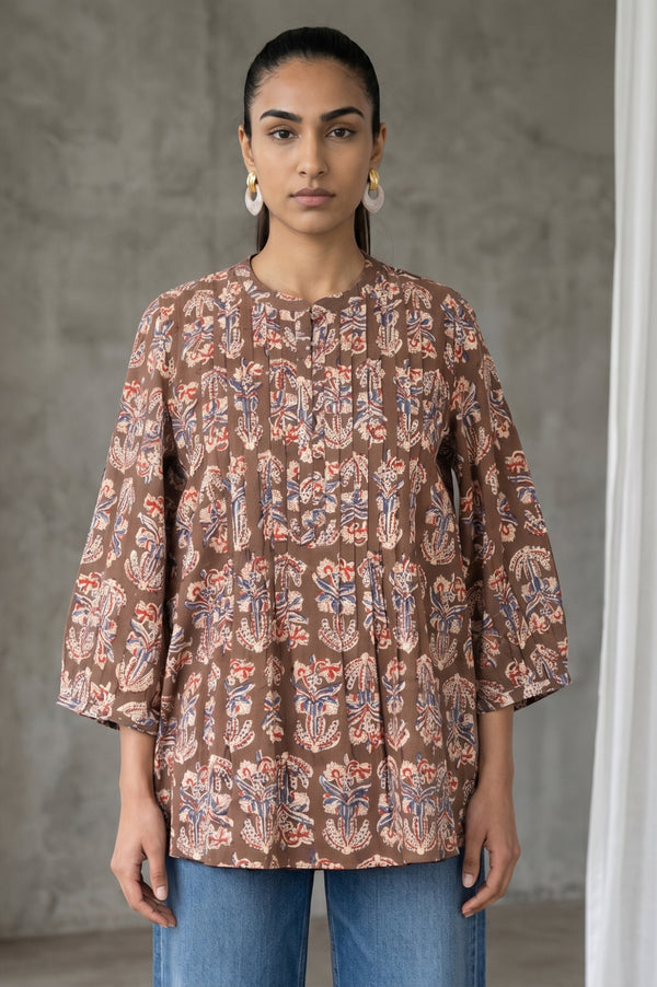 Folksong Women’s Brown Floral Printed Pure Cotton A-line Top
