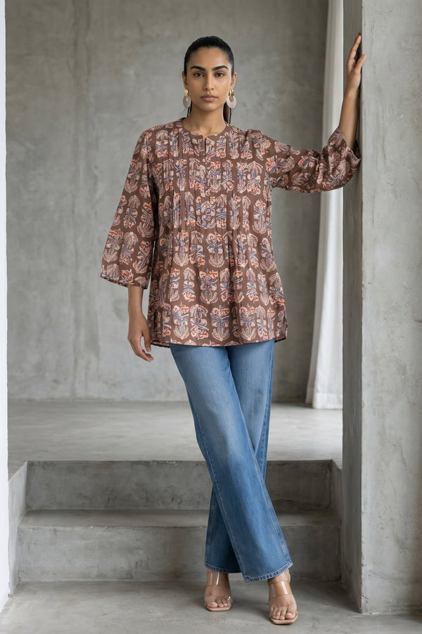 Folksong Women’s Brown Floral Printed Pure Cotton A-line Top