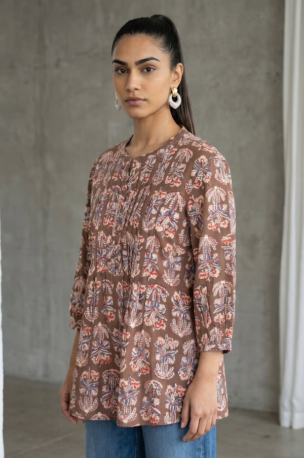 Folksong Women’s Brown Floral Printed Pure Cotton A-line Top