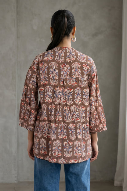 Folksong Women’s Brown Floral Printed Pure Cotton A-line Top