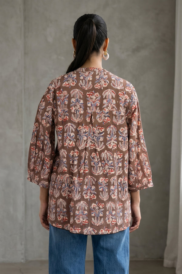 Folksong Women’s Brown Floral Printed Pure Cotton A-line Top