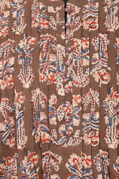 Folksong Women’s Brown Floral Printed Pure Cotton A-line Top