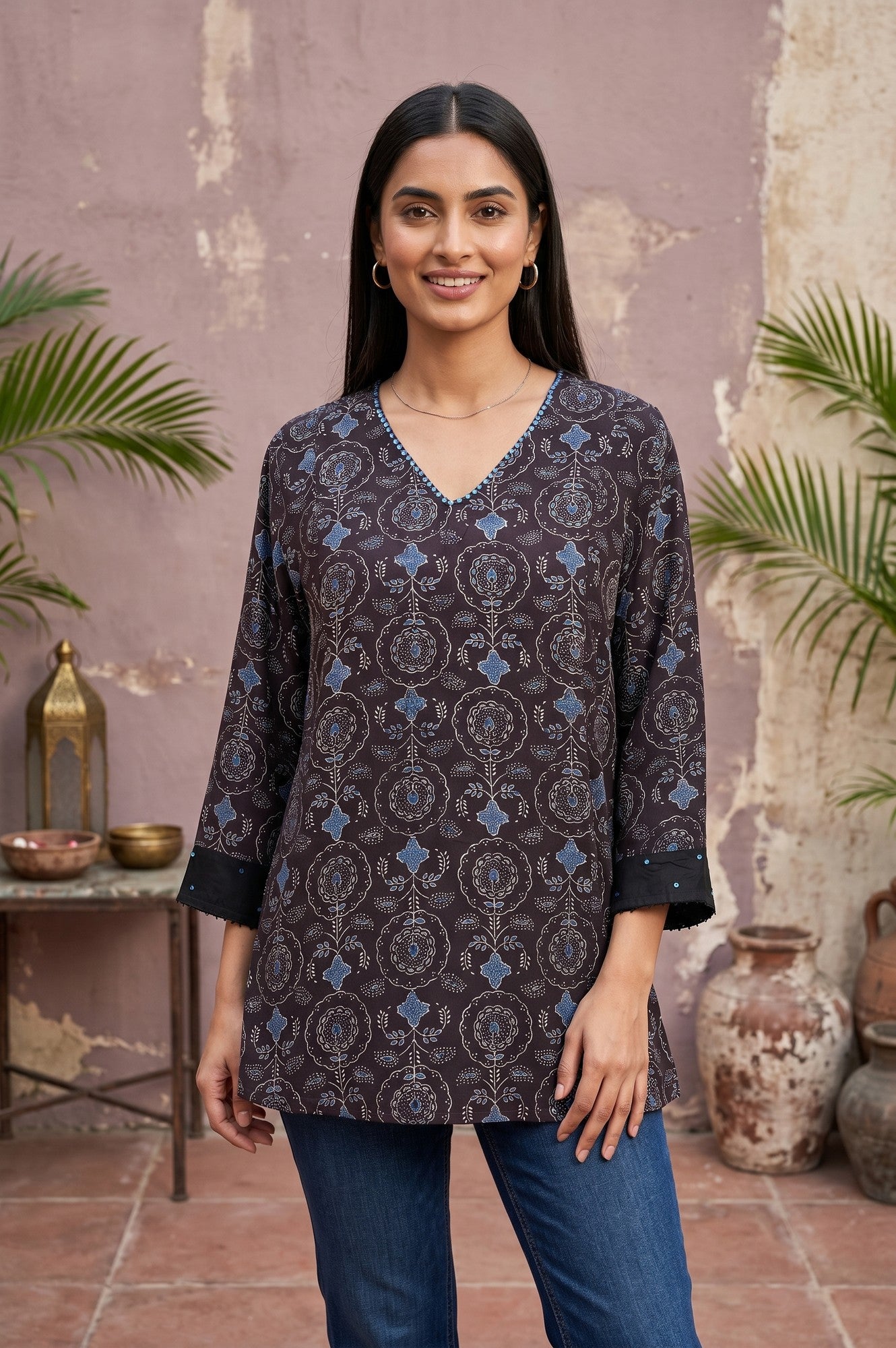 Black Ajrak Printed Modal Satin Straight Top