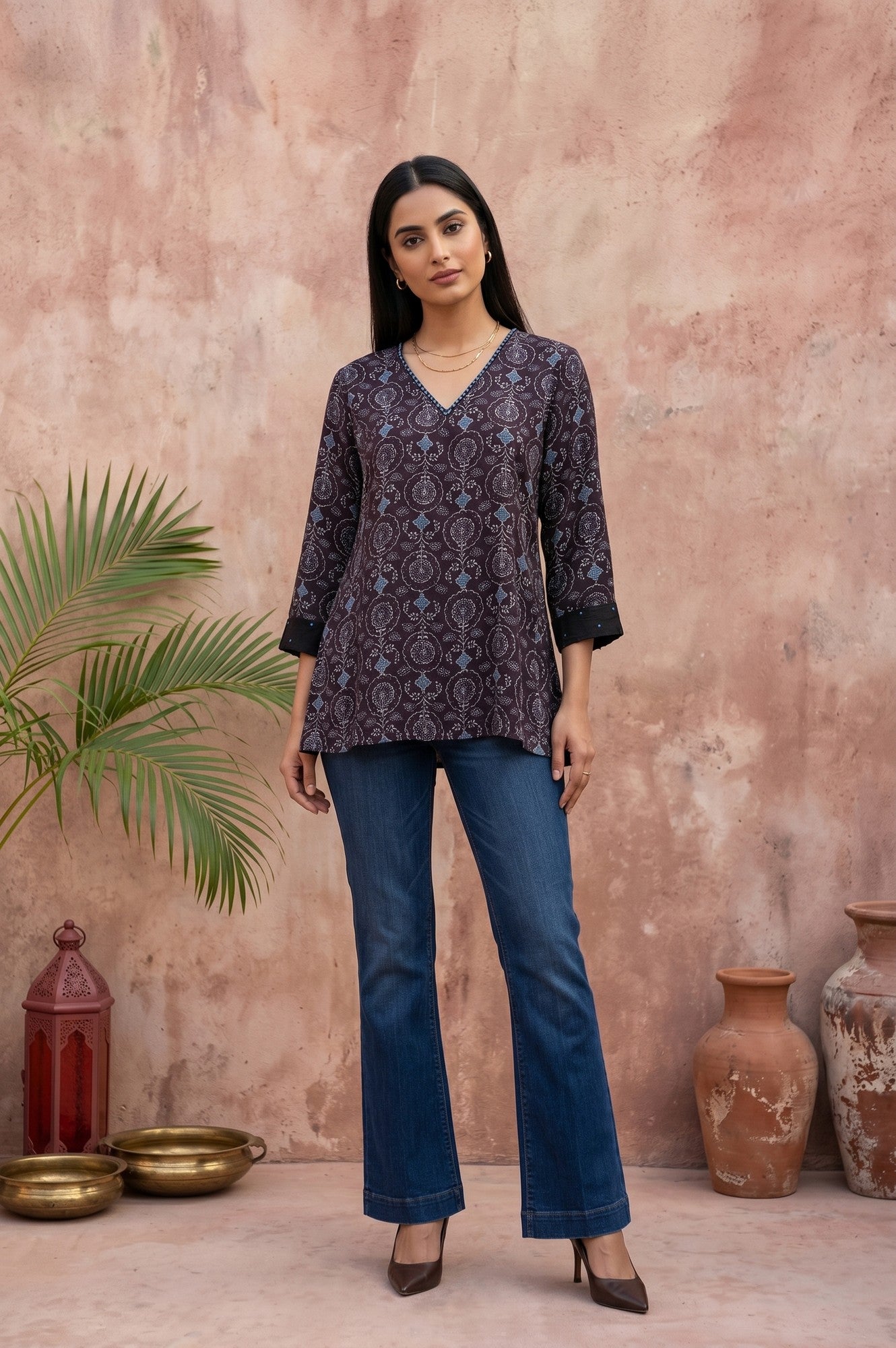 Black Ajrak Printed Modal Satin Straight Top
