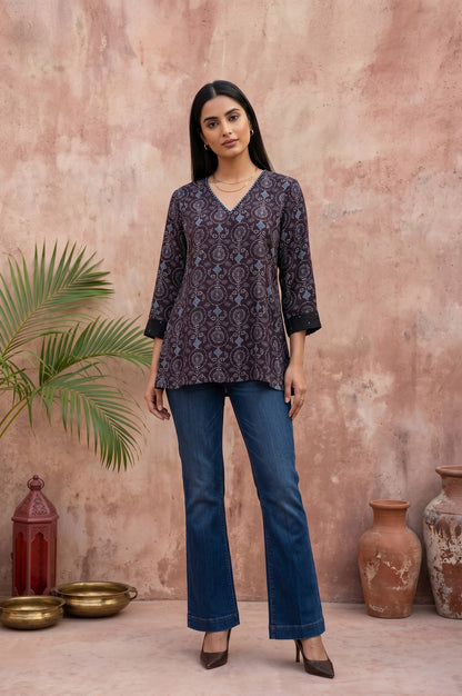 Black Ajrak Printed Modal Satin Straight Top
