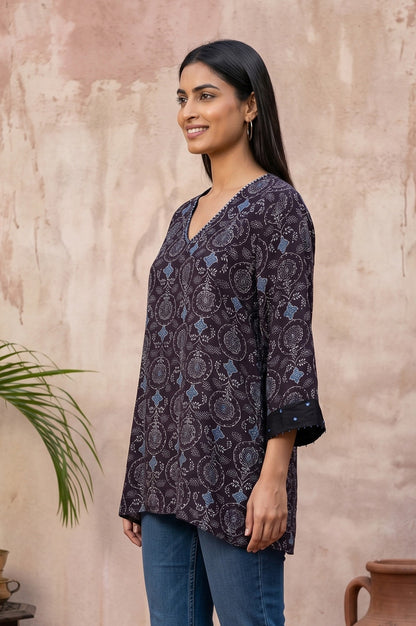 Black Ajrak Printed Modal Satin Straight Top