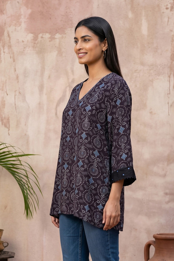 Black Ajrak Printed Modal Satin Straight Top