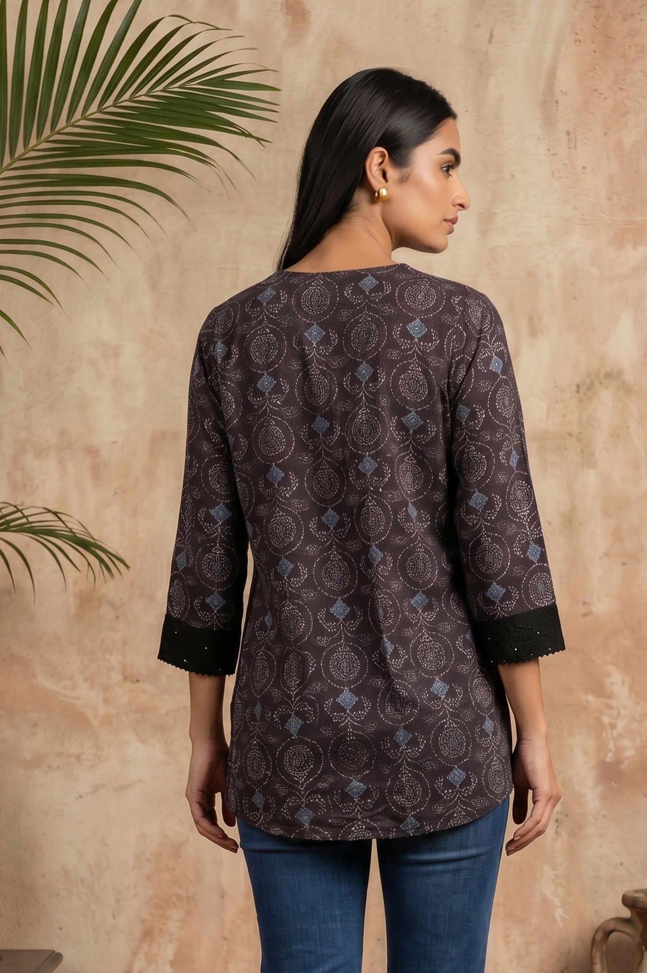 Black Ajrak Printed Modal Satin Straight Top