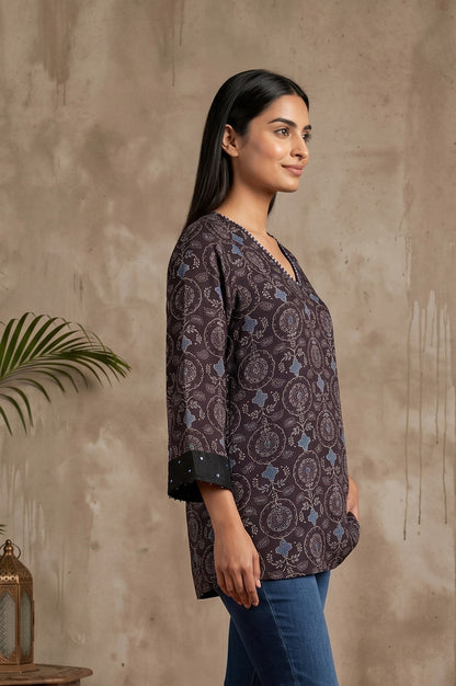 Black Ajrak Printed Modal Satin Straight Top