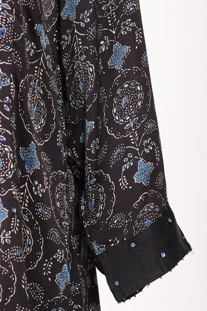 Black Ajrak Printed Modal Satin Straight Top