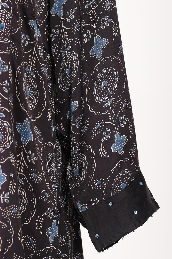 Black Ajrak Printed Modal Satin Straight Top