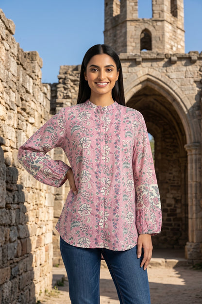 Light Pink Block Printed Pure Cotton A-line Top