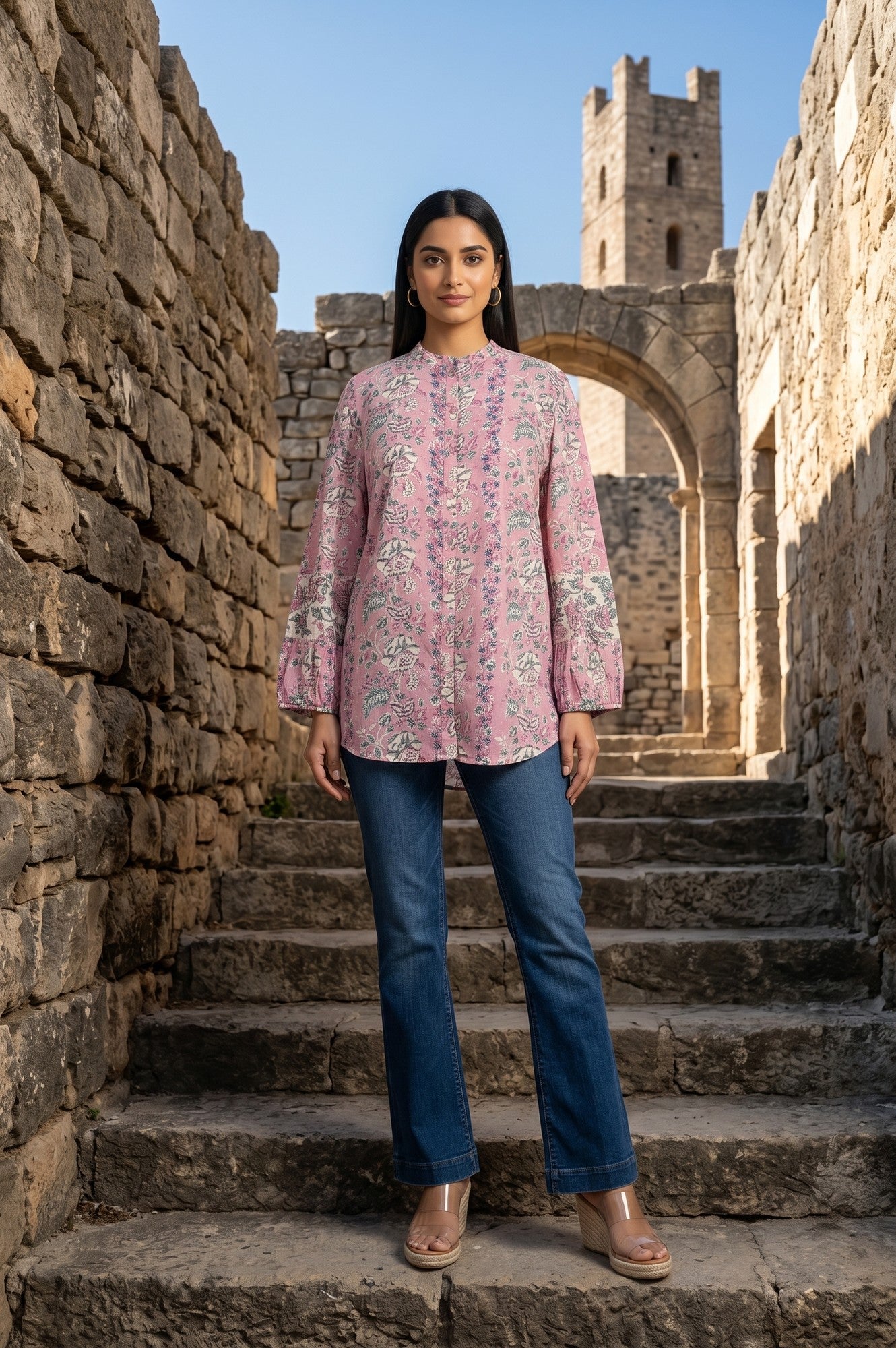 Light Pink Block Printed Pure Cotton A-line Top