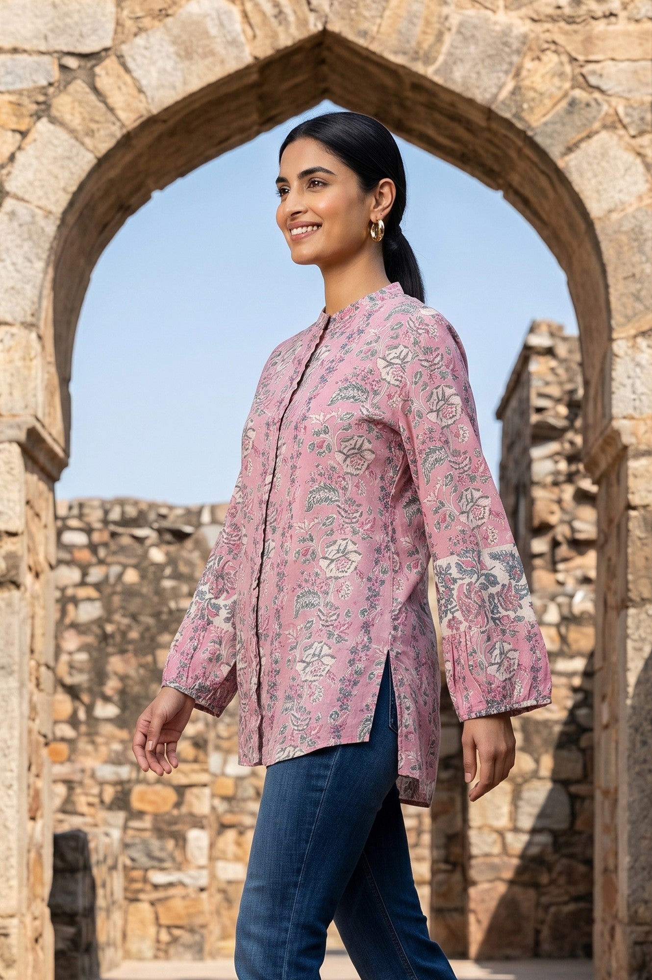 Light Pink Block Printed Pure Cotton A-line Top