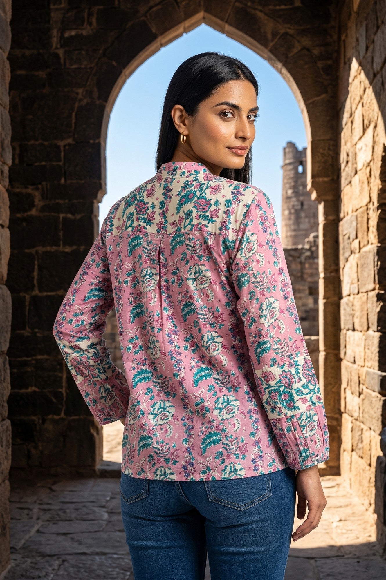 Light Pink Block Printed Pure Cotton A-line Top