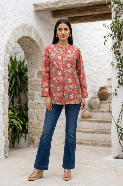 Red Block Printed Cotton Silk A-line Top