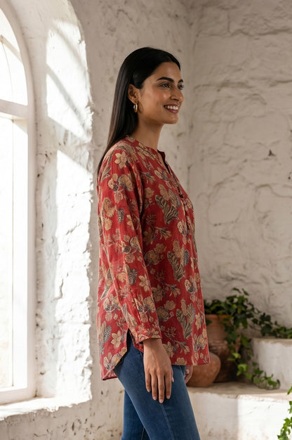 Red Block Printed Cotton Silk A-line Top