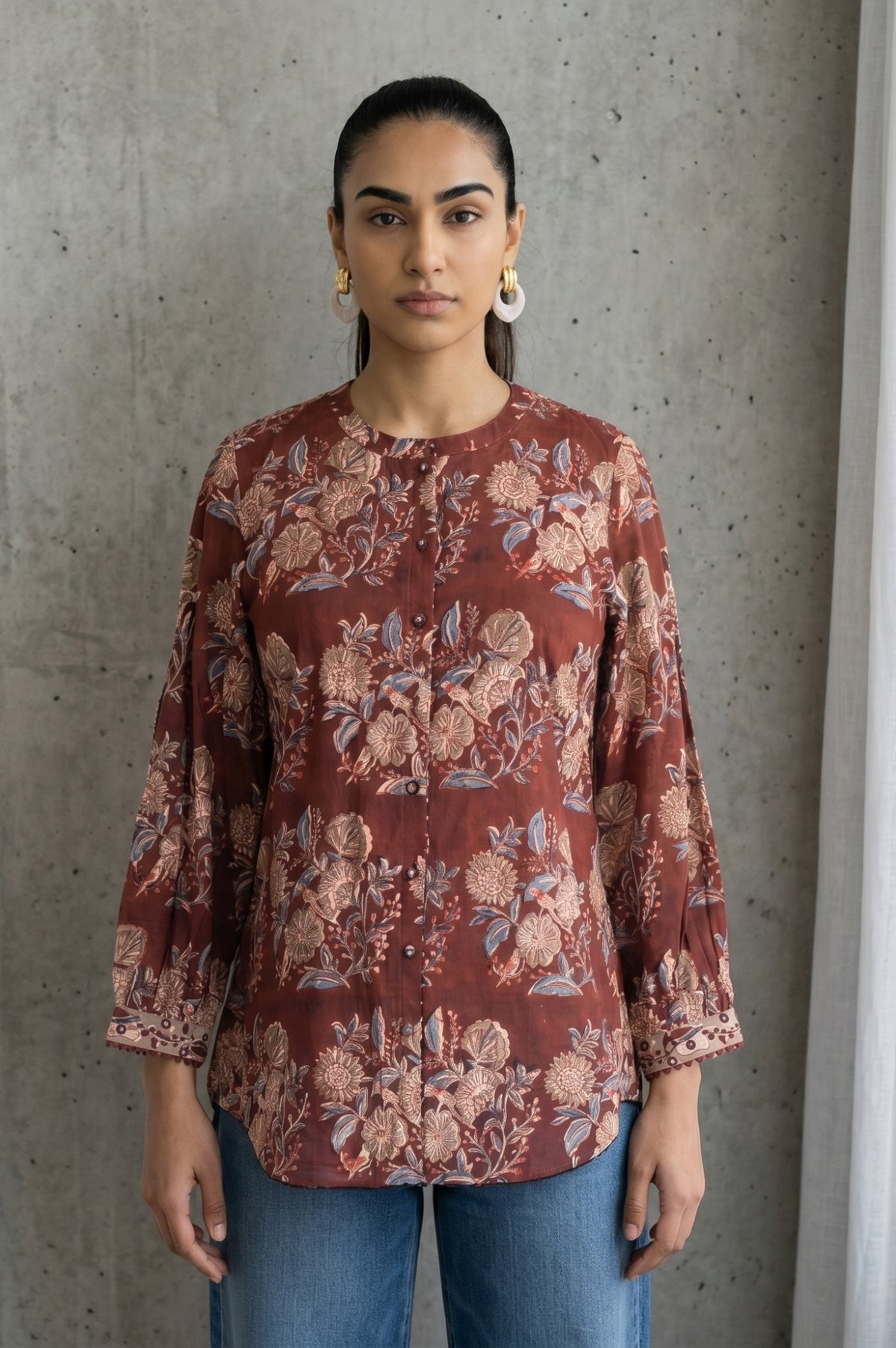 Folksong Women’s Brown Floral Printed Pure Cotton Three-Quarter Sleeves Relaxed Fit Top - XS