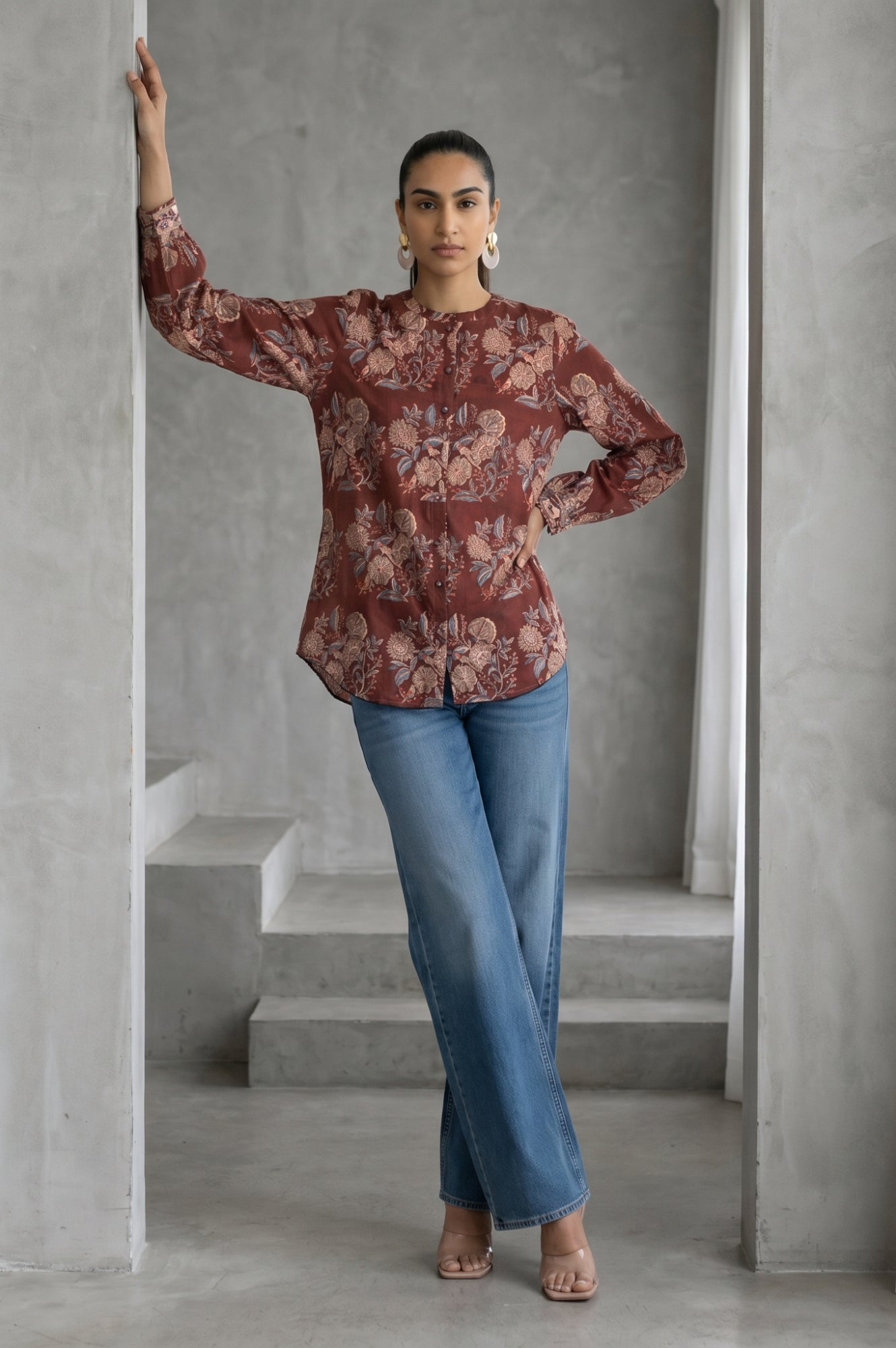 Folksong Women’s Brown Floral Printed Pure Cotton Three-Quarter Sleeves Relaxed Fit Top