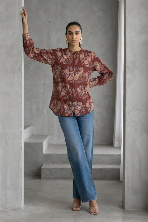 Folksong Women’s Brown Floral Printed Pure Cotton Three-Quarter Sleeves Relaxed Fit Top
