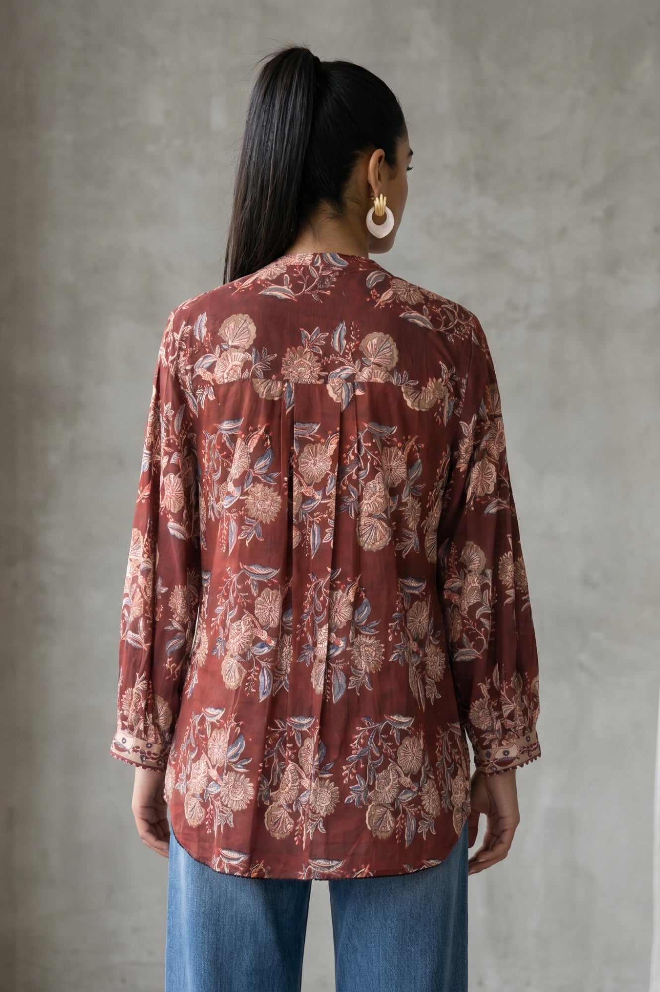 Folksong Women’s Brown Floral Printed Pure Cotton Three-Quarter Sleeves Relaxed Fit Top