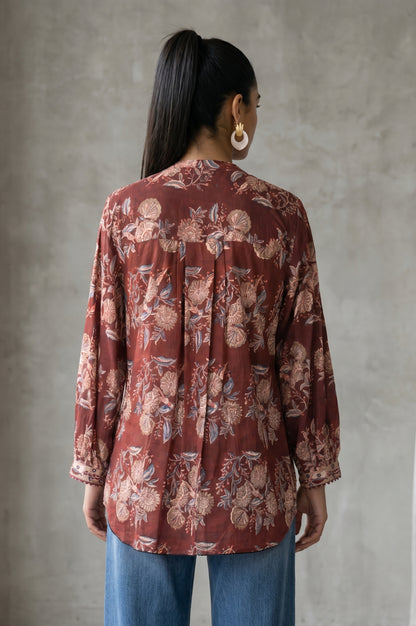 Folksong Women’s Brown Floral Printed Pure Cotton Three-Quarter Sleeves Relaxed Fit Top