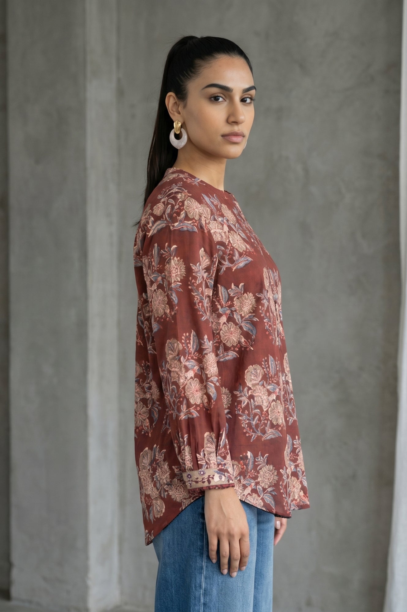 Folksong Women’s Brown Floral Printed Pure Cotton Three-Quarter Sleeves Relaxed Fit Top