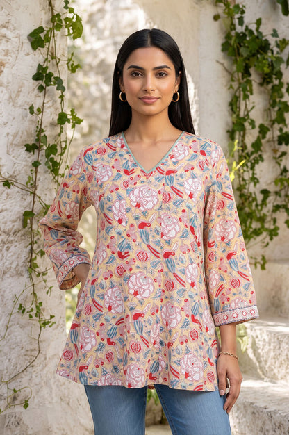 Beige Block Printed Shantung A-line Top