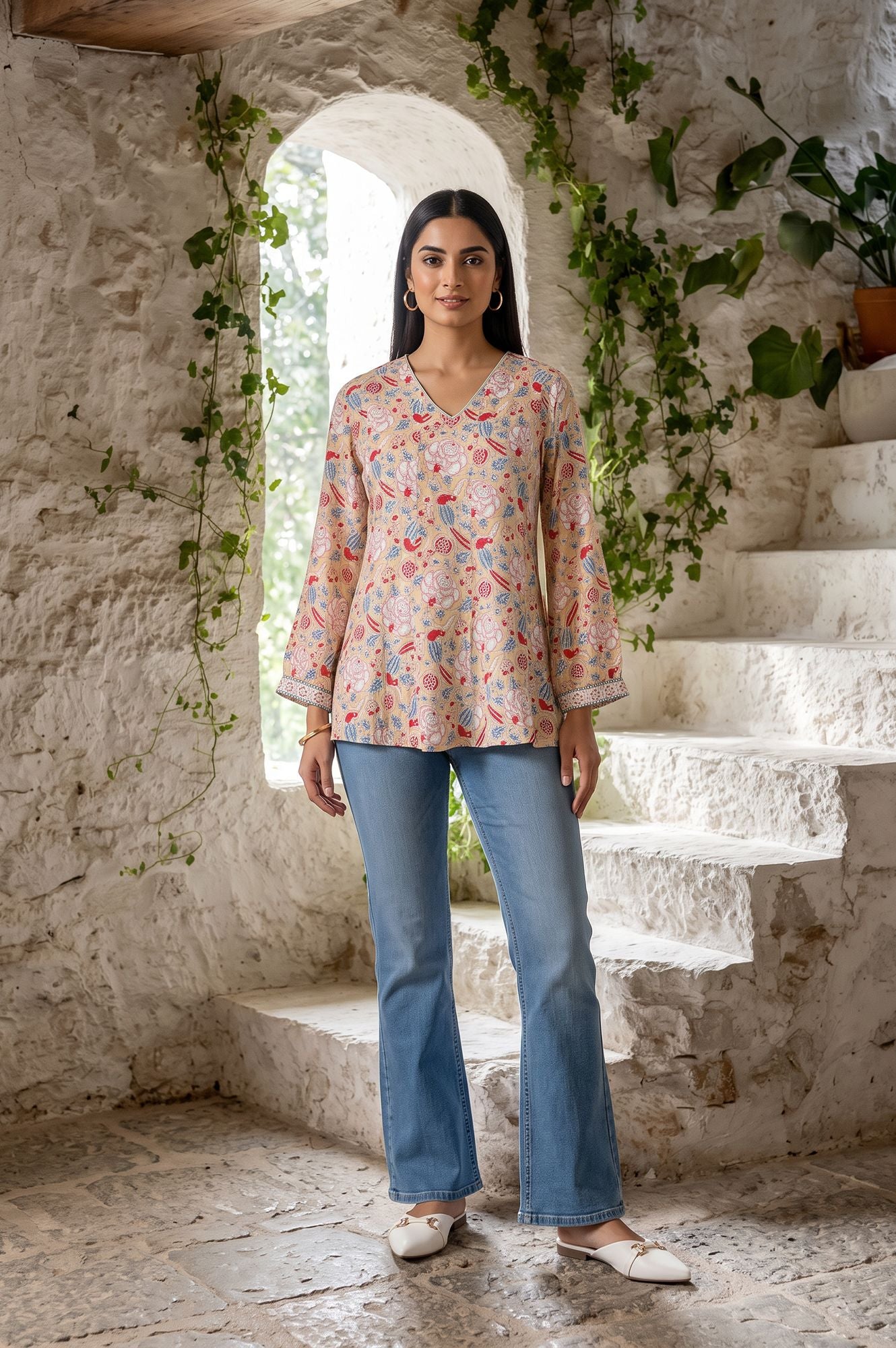 Beige Block Printed Shantung A-line Top