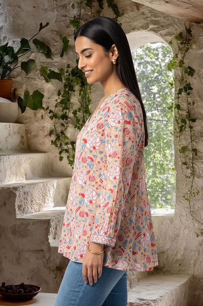 Beige Block Printed Shantung A-line Top