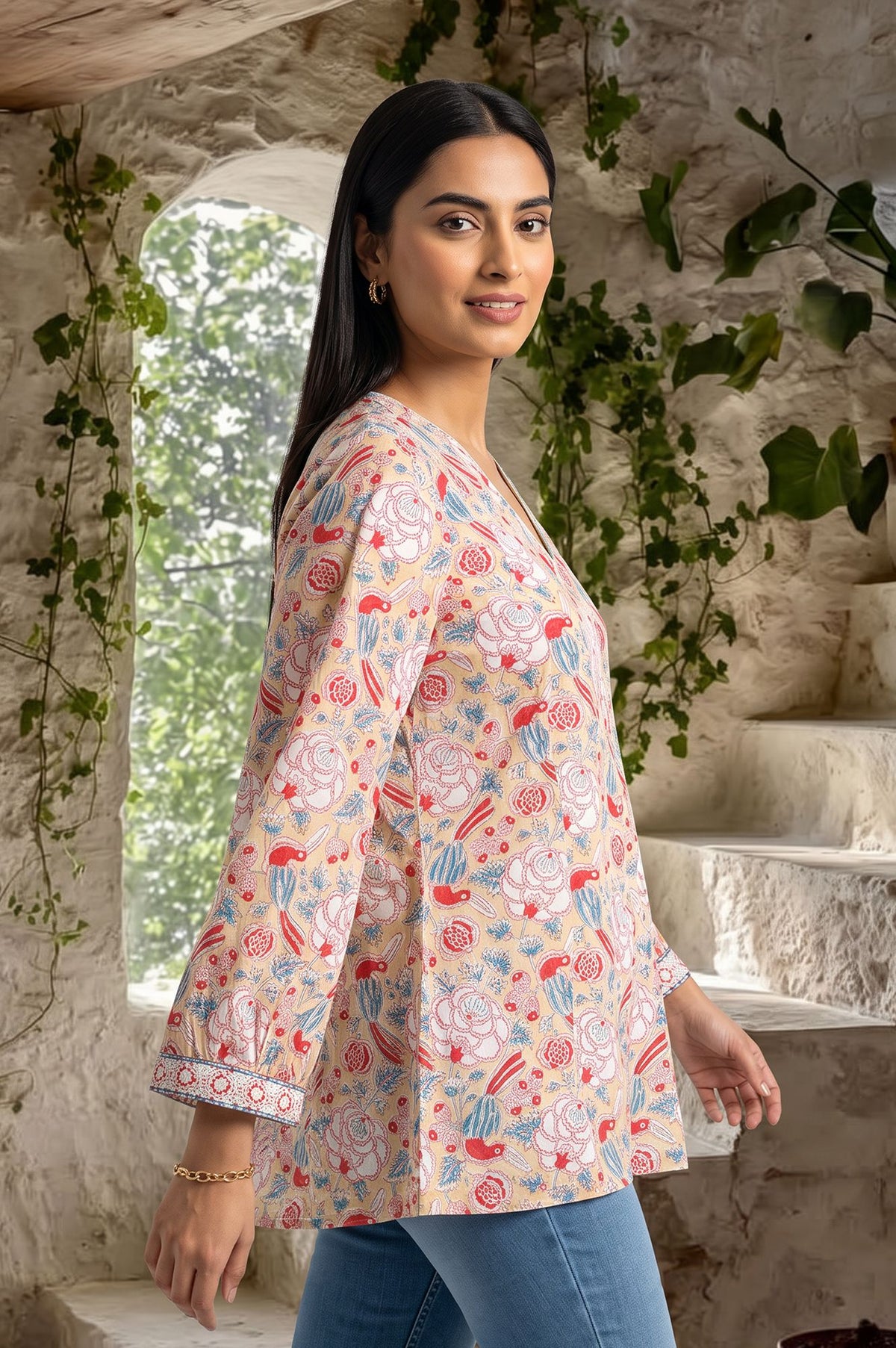 Beige Block Printed Shantung A-line Top