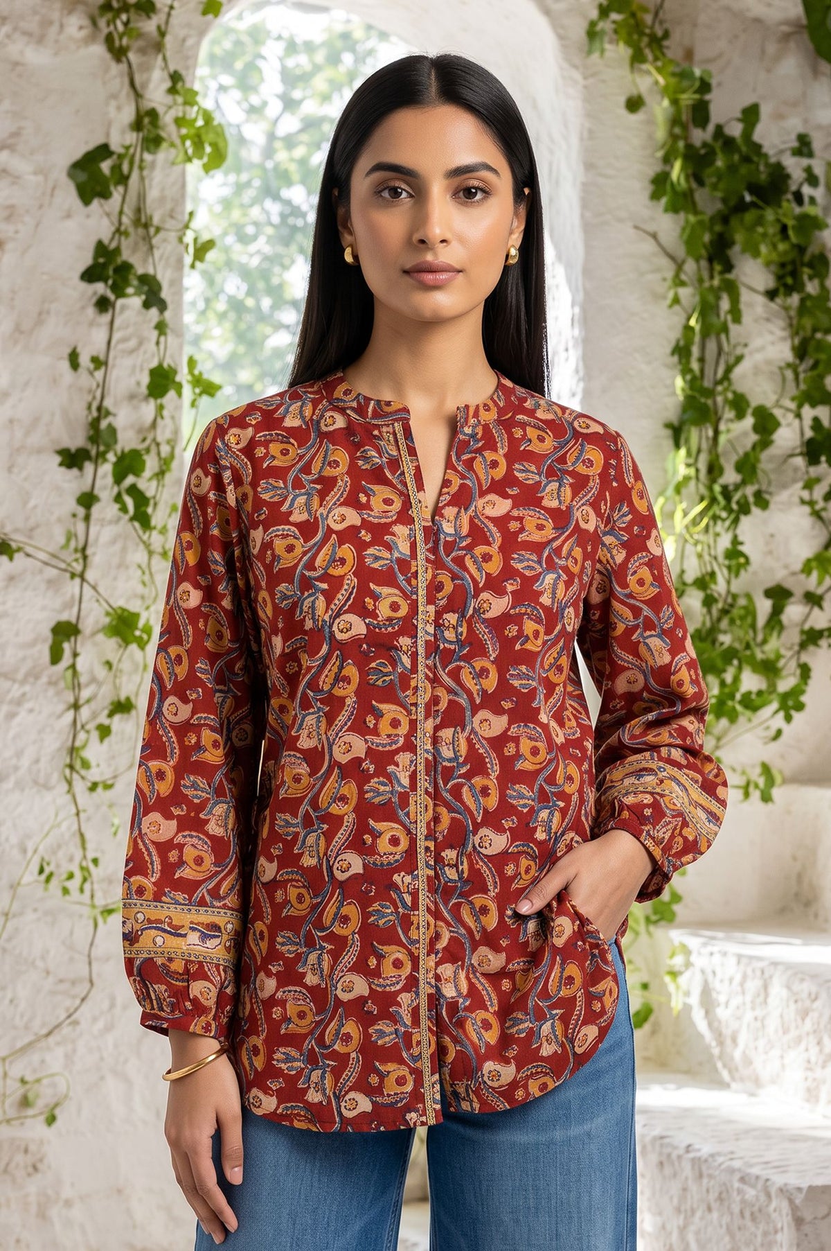 Maroon Kalamkari Printed Mirror Work Pure Cotton Straight Top